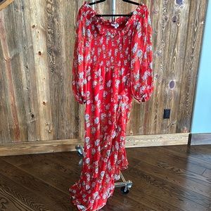 High low sheer off the shoulder dress with mini skirt, liner size small